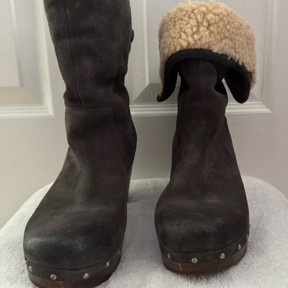 Grey suede studded Ugg Lynnea heeled boots